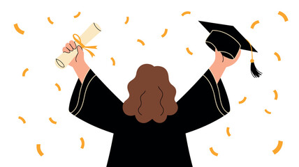 A graduate wearing a cap and gown joyfully holds a diploma while confetti falls around them, celebrating educational achievement and success.