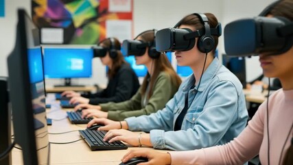 Virtual Reality Learning: A group of students in a modern classroom, fully immersed in virtual reality, using advanced headsets and computers. - Powered by Adobe