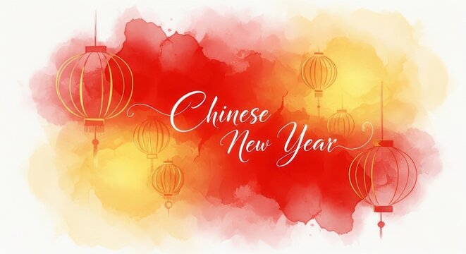 Artistic watercolor background for chinese new year with hanging lanterns and festive red and yellow hues