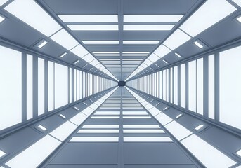 Obraz premium Bright White and Blue Futuristic Sci-Fi Tunnel Corridor with Geometric Lights and Deep Perspective