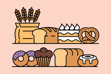 A delightful assortment of freshly baked goods, including bread, cakes, donuts, muffins, and a pretzel, is artfully displayed on two shelves, evoking a sense of abundance and culinary pleasure.