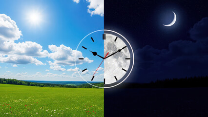 Analog clock displaying continuous daily cycle over meadow