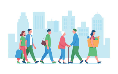 A diverse group of people of varying ages walk together in a city skyline silhouette background, showcasing urban lifestyle and community.