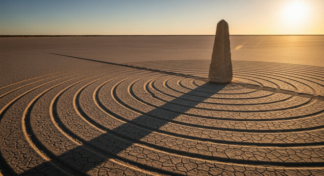 Stone gnomon casting shadow over concentric rings in a desert landscape at sunset. This image evokes themes of ancient rituals, celestial alignments, and natural phenomena.