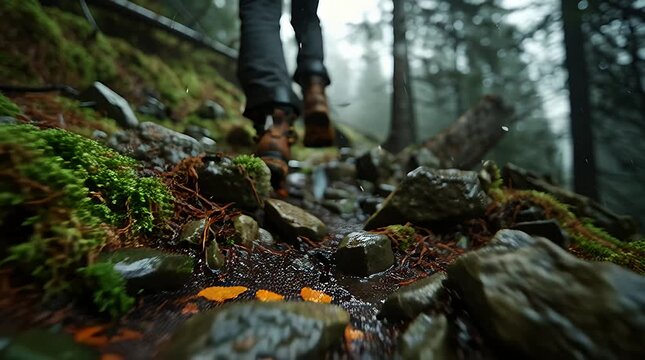 Close-Up of Waterproof Hiking Boot Treading Through Wet Path in Dense Forest During Foggy Weather