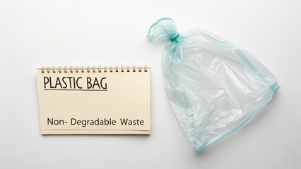 Transparent plastic bag and notepad detailing degradable waste