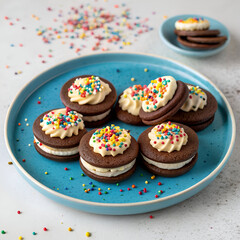 a blue plate of chocolate biscuits with colorful