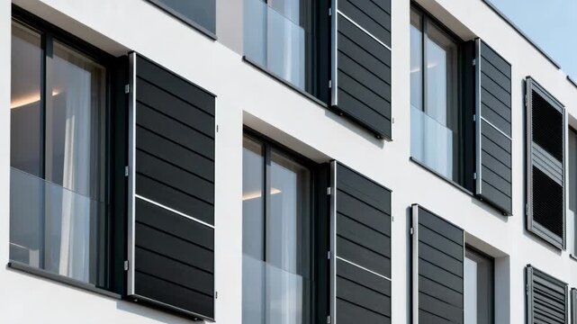 Medium shot of sleek slim solar siding panels seamlessly blending into modern building exteriors for discreet renewable energy generation.