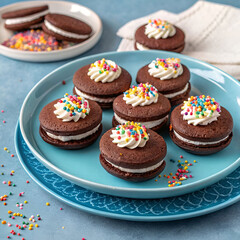 a blue plate of chocolate biscuits with colorful