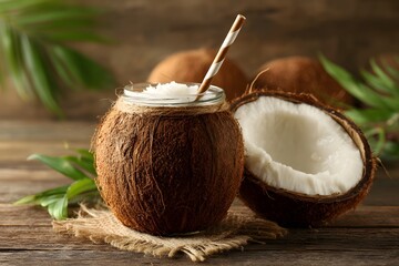 Whole and halved coconut with drink and straw on wood Image