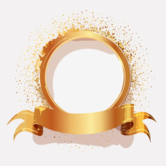 Golden ribbon banner. Shiny gold circle with confetti. Luxury label template. Golden shiny ribbon. Vector illustration. White background. Celebration design element. Banner with gold