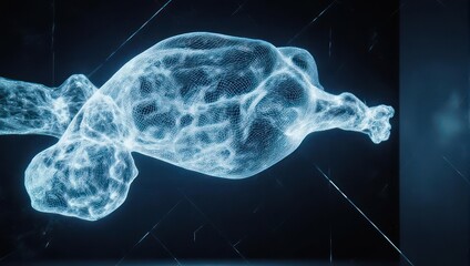 Abstract glowing blue biological cell or organism in a dark environment.