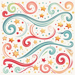 Colorful swirling lines and stars pattern. Whimsical design with curly ribbons. Multicolored star shapes. White background texture. Vector illustration for decoration.