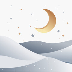 Winter night sky scene. Crescent moon. Stars and snow hills. Vector illustration of night landscape. Moonlit snowy hills. Starry sky background. White and gray colors. Seamless pattern