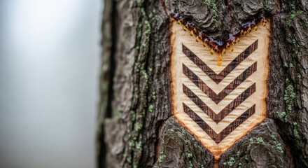Close-up of tree bark with glistening sap beads, showcasing a carved chevron pattern. Represents themes of nature, craftsmanship, and ancient rituals.