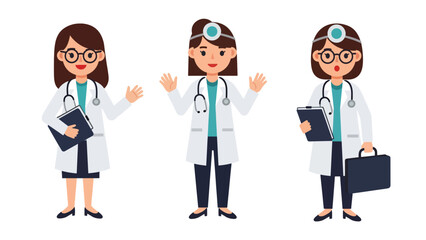 Flat vector collection of cute woman doctors in multiple poses with stethoscope, charts, and medical tools. Ideal for healthcare graphics, job icons, and profession sticker themes