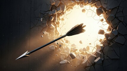 Arrow fixed within luminous circular wall opening amid rubble