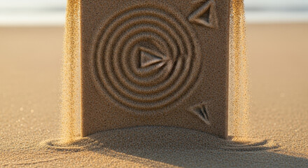 Concentric ripple triangle sand tablet cascading sunlight, creating intricate micro topography on beach sand. This detailed pattern evokes themes of ancient rituals and natural phenomena.