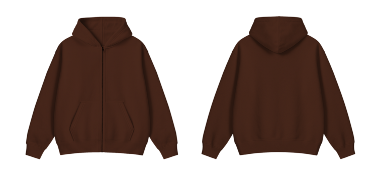 Vintage Dark Brown Zipper Hoodie Mockup Front and Back on Transparent Background