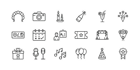 Event and celebration line icons set featuring party planning essentials, entertainment symbols, and festive items on a clean background. Vector, illustration