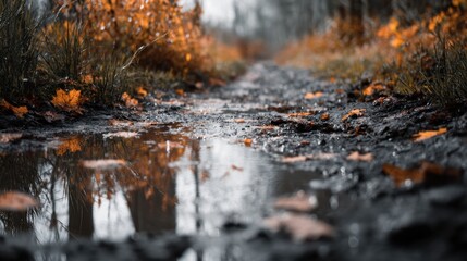 Fototapeta premium Autumn path puddle