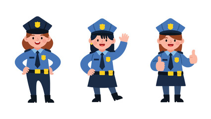 Flat vector collection of cute women police officers in action poses, directing traffic, writing tickets, and saluting. Ideal for law enforcement job themes