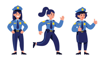 Flat vector collection of cute women police officers in action poses, directing traffic, writing tickets, and saluting. Ideal for law enforcement job themes