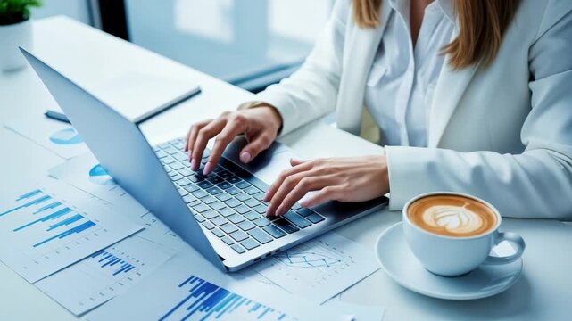 Focused Productivity: A woman meticulously works on a laptop with statistical diagrams and a soothing cappuccino, embodying modern work life.