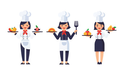 Flat vector set of adorable women chefs cooking, stirring, plating food, and baking. Great for culinary job icons, food branding, and cooking-themed stickers
