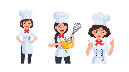 Flat vector set of adorable women chefs cooking, stirring, plating food, and baking. Great for culinary job icons, food branding, and cooking-themed stickers