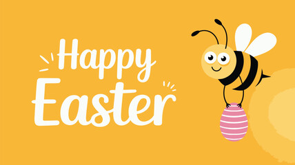 Cute cartoon bee holding a striped easter egg with happy easter text on a yellow background