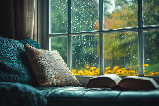 Rain falls gently against the window while a cozy nook invites reading with a book and a soft pillow nearby
