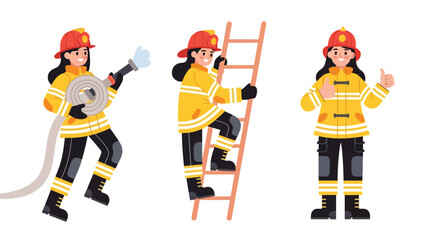Flat vector sticker set of women firefighters with helmet, hose, extinguisher, and rescue poses. Perfect for emergency careers and professional graphics