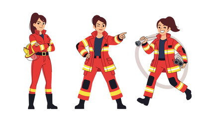 Flat vector sticker set of women firefighters with helmet, hose, extinguisher, and rescue poses. Perfect for emergency careers and professional graphics