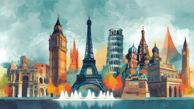Vibrant illustration of famous landmarks from around the world at sunrise over a serene body of water