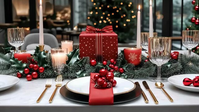 Festive Table Setting: A beautifully adorned dining table, resplendent with festive decorations, ready for a joyous celebration, set against the backdrop of a twinkling Christmas tree.