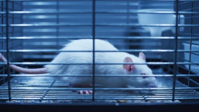 White albino rat moving inside a metal cage under blue light. The scene evokes medical research and scientific testing concepts suitable for pharmaceutical or biology projects.