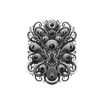 surreal Vintage engraving illustration of a horrific creature composed entirely of tentacles and multiple staring eyes, arranged in a symmetrical, demonic pattern