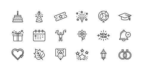 A versatile collection of outline icons representing various celebrations, events, holidays, and milestones for modern digital designs. Vector, illustration