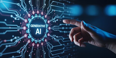 Human hand touching futuristic digital interface with text generative AI, concept of artificial intelligence, innovation, and advanced technology