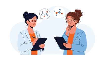 Flat vector collection of cute women scientists holding test tubes, microscopes, and lab tools. Ideal for STEM careers, lab visuals, and educational resources