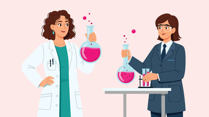 Flat vector collection of cute women scientists holding test tubes, microscopes, and lab tools. Ideal for STEM careers, lab visuals, and educational resources
