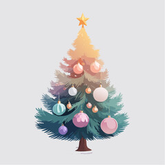 Christmas tree with colorful ornaments. Decorated fir tree. Holiday illustration. Tree with star on top. Colorful baubles. Vector graphic. Festive tree. Winter decoration.