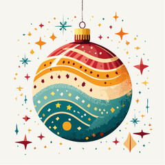 Christmas ornament. Colorful ball decoration. Holiday tree bauble. Red, gold, blue, and white swirls. Star and dot pattern. Vector illustration on white background.