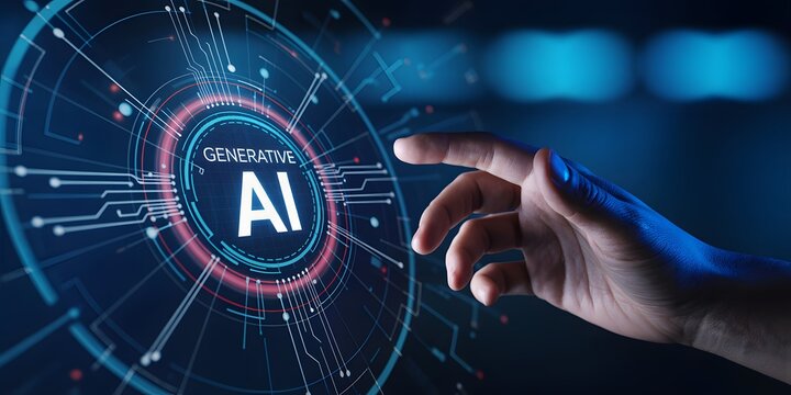 Human hand touching futuristic digital interface with text generative AI, concept of artificial intelligence, innovation, and advanced technology