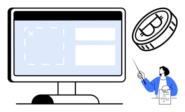 Computer screen with design interface, floating Bitcoin coin, person with a pointer and document. Ideal for cryptocurrency, blockchain, education, technology, finance, design simple flat metaphor