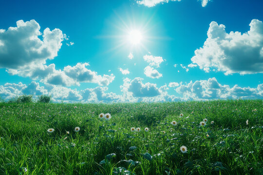 Sunlight streams down on a lush green field dotted with colorful wildflowers under a bright blue sky filled with fluffy clouds - Powered by Adobe