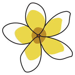 A simple and clean illustration of a plumeria flower, drawn with black outline and yellow