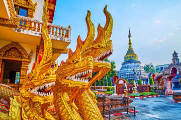 The five-headed gilt Naga serpent of Wat Buppharam, Chiang Mai, Thailand
