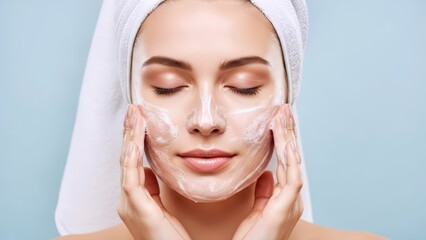 Beautiful woman with closed eyes performs a soothing facial cleansing routine, achieving clean, radiant, and pure skin against a calming blue background
